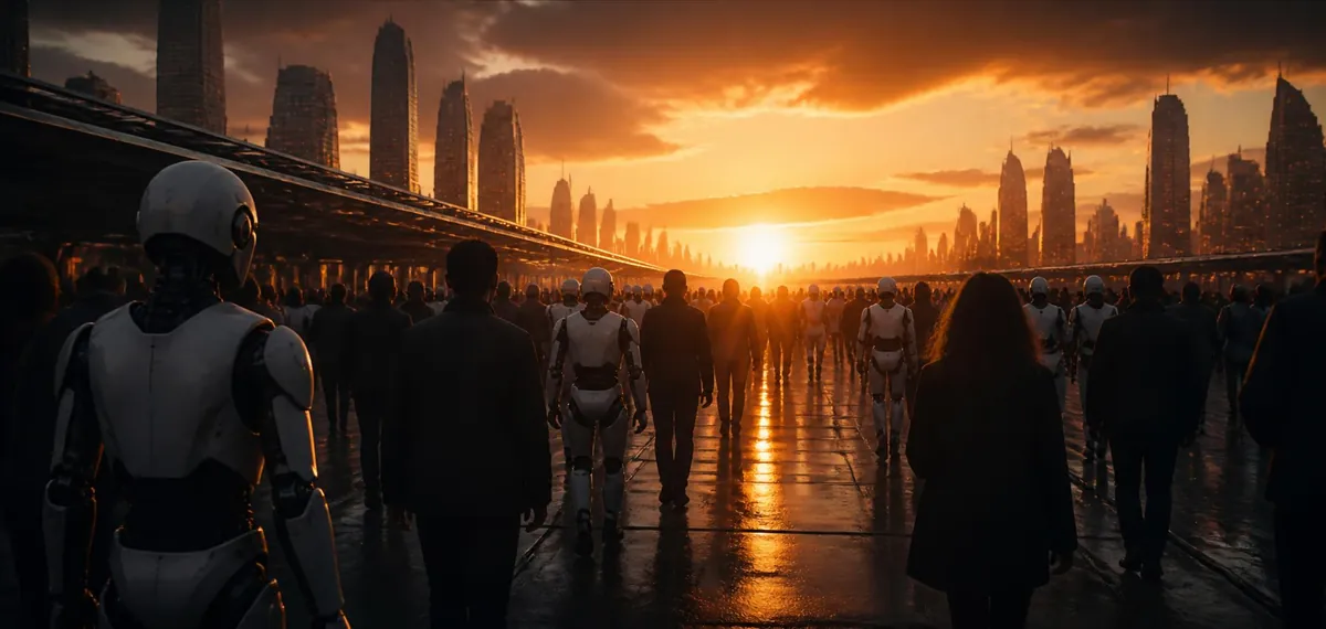 Humans and humanoid robots walking side by side toward a sunset horizon on a futuristic city avenue