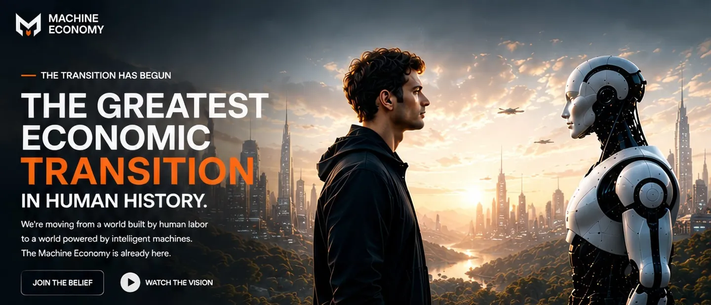 A young man standing face to face with a humanoid robot above a futuristic city skyline at sunset